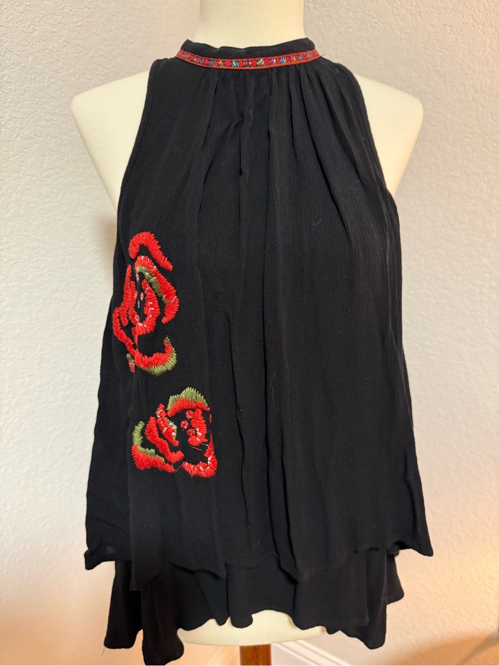 Desigual Black Halter Camisole with Red & Green Floral Embroidery
